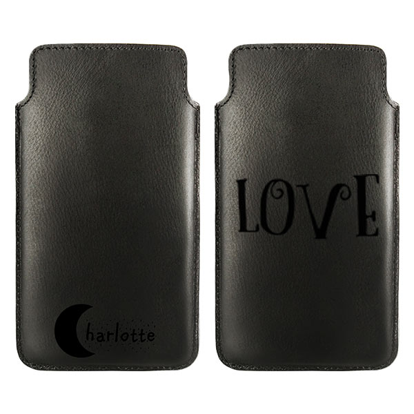 pochette téléphone cuir, housse en cuir étui personnalisé en cuir avec texte et icones